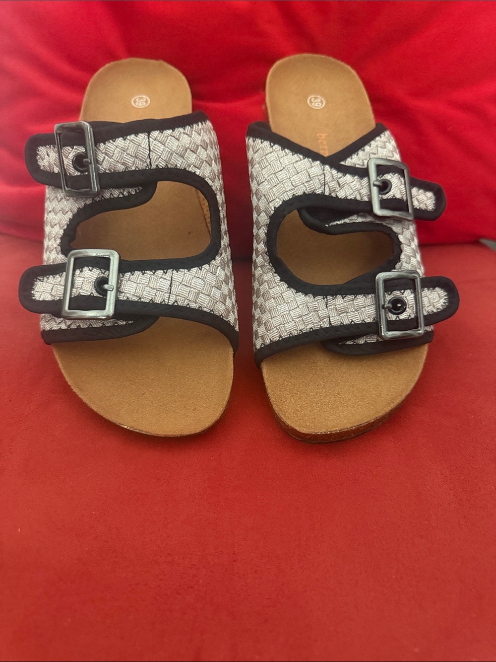 bernie mev. Women’s Woven Double-Buckle Sandals in Black & Tan